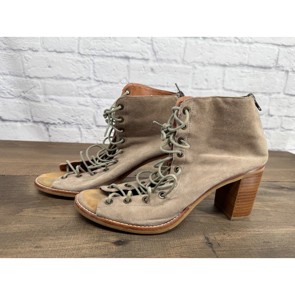 Jeffrey Campbell Suede Lace Up Open Toe Shoes 10 Chunky Block Heel Boho Western